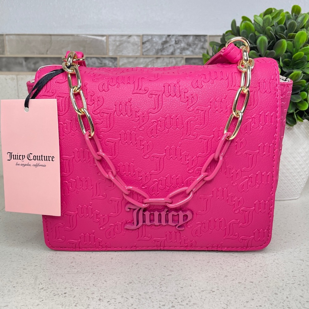 NEW Juicy Couture Hot Pink Embossed Logo Crossbody Bag NWT Gold Chain Messenger